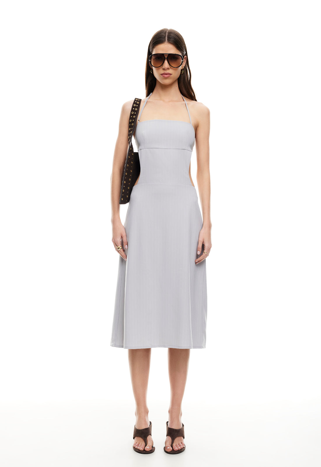 MOONLIT MIDI DRESS - LIGHT GREY PINSTRIPE