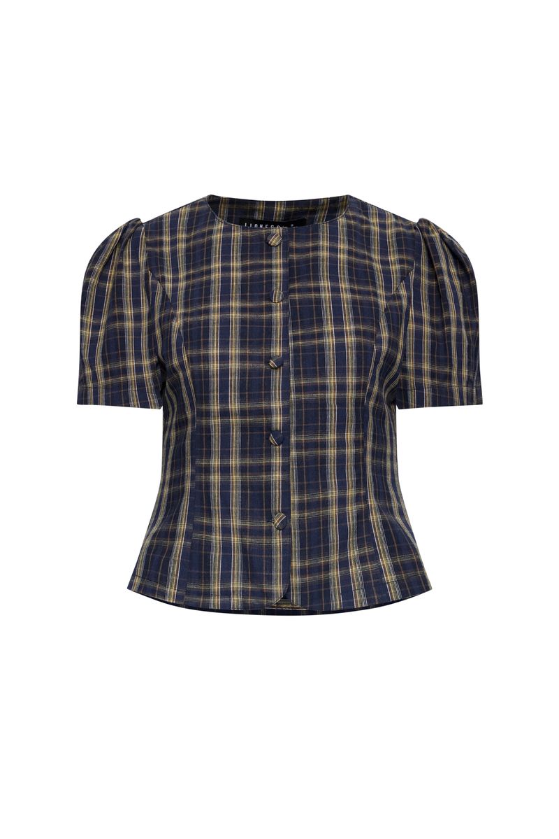 FEMME BLOUSE - NAVY LEMON PLAID - Image 6